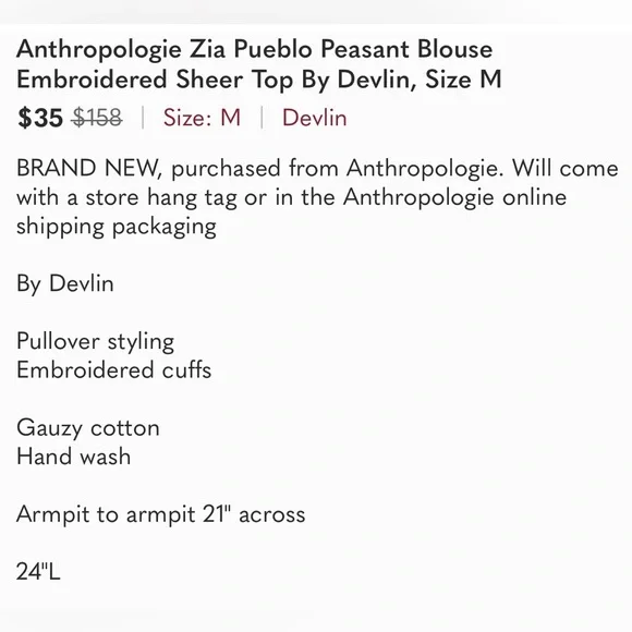 Anthropologie Zia Pueblo Peasant Blouse Embroidered Sheer Top By Devlin, Size M - Picture 3 of 3